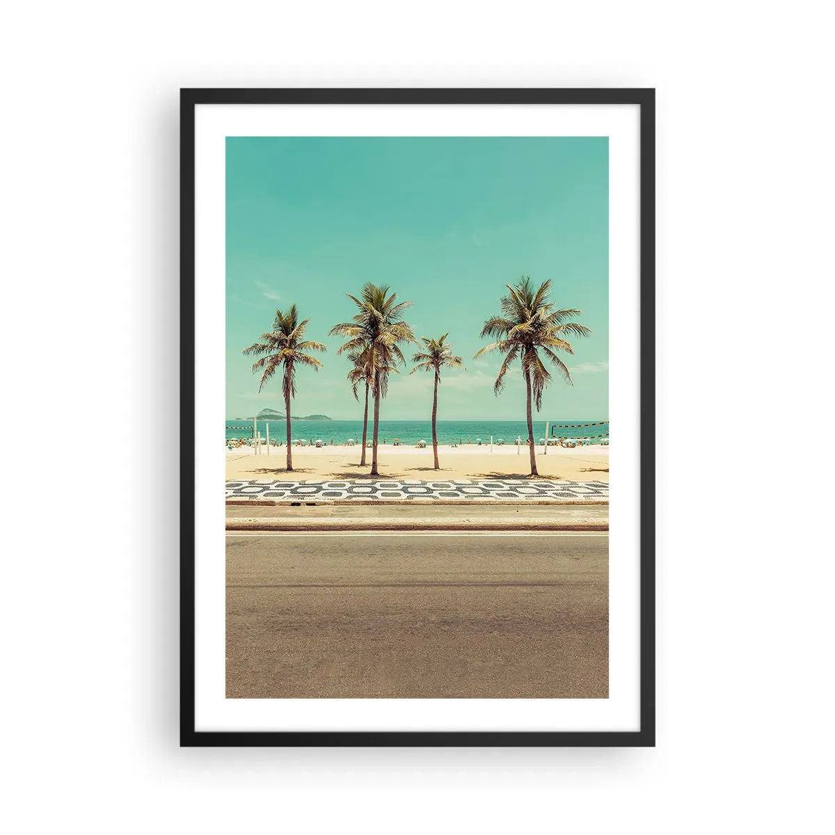 Affiche dans un cadre noir - Poster - Une plage avec des palmiers et un ciel bleu - 50x70cm - Gardien de plage - Décoration murale moderne pour le salon et la chambre ARTTOR
