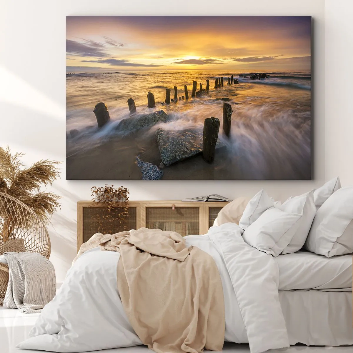 Impression sur toile - Image sur toile - Coucher de soleil sur la mer avec les vestiges d'une ancienne jetée - 120x80cm - La beauté brute de la mer Baltique - Décoration murale moderne pour le salon et la chambre ARTTOR