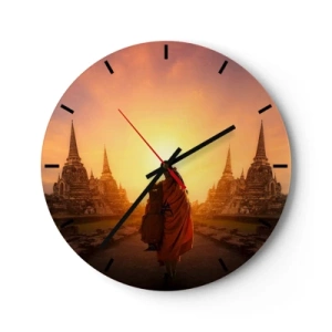 Horloge murale - Pendule murale - Un moine en robe safran entouré de temples au coucher du soleil - 30x30cm - En paix pour l'éternité - Décoration murale moderne pour le salon, la cuisine et la chambre ARTTOR