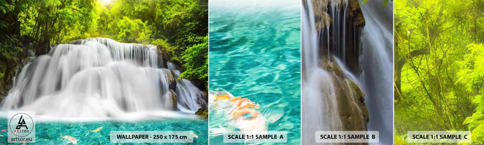 Échantillon de Papier Peint Autocollant Deluxe Sticker - Une cascade mousseuse du vert à l'azur - Paysage, Cascade, parc national - 100x30 cm