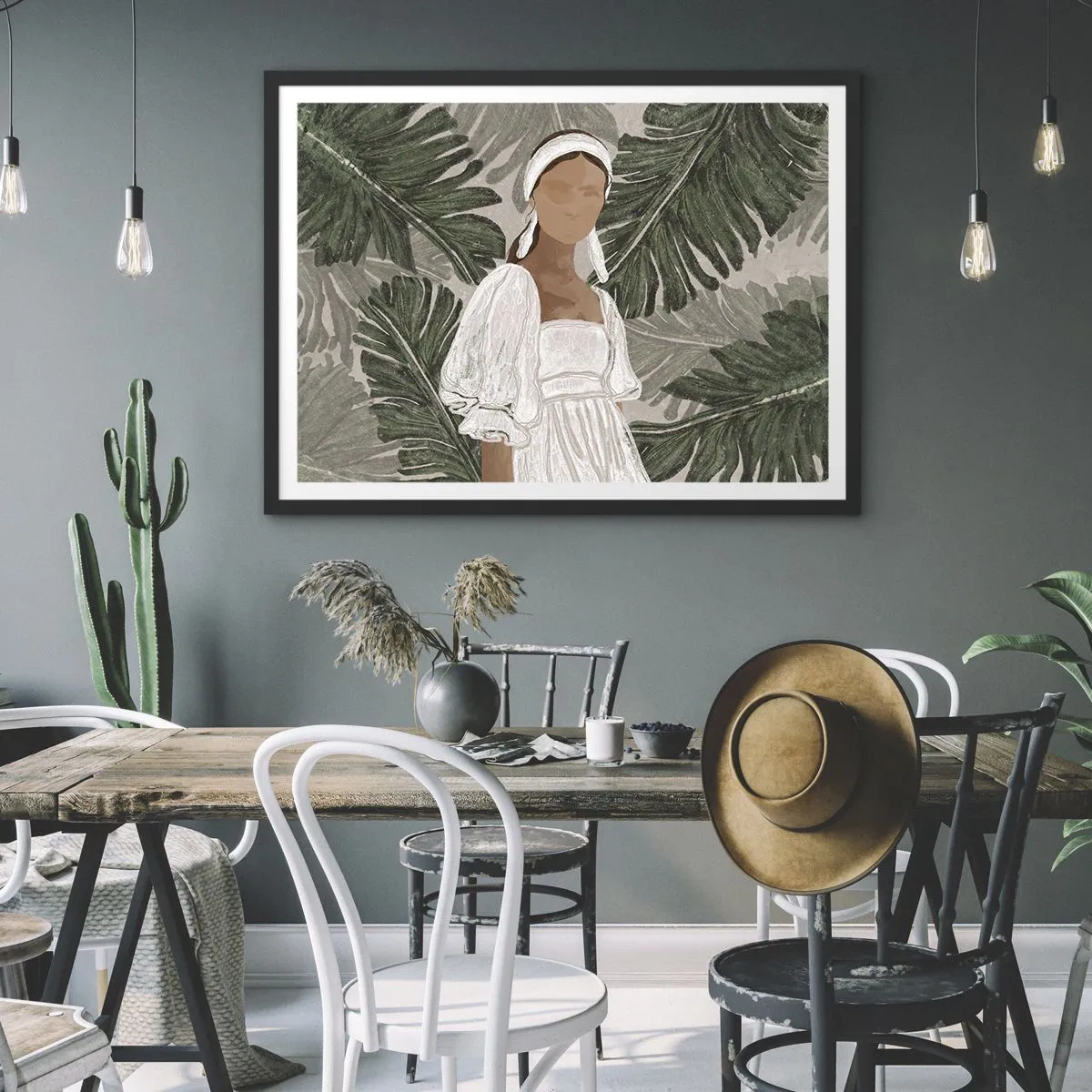 Affiche dans un cadre noir - Poster - Portrait d'une femme en robe blanche sur fond de feuilles de monstera - 100x70cm - Portrait exotique - Décoration murale moderne pour le salon et la chambre ARTTOR