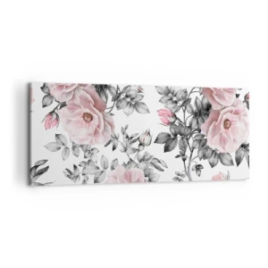 Impression sur toile - Image sur toile - Roses roses et feuilles sur un délicat fond noir et blanc - 120x50cm - Se perdre dans les fleurs des roses - Décoration murale moderne pour le salon et la chambre ARTTOR