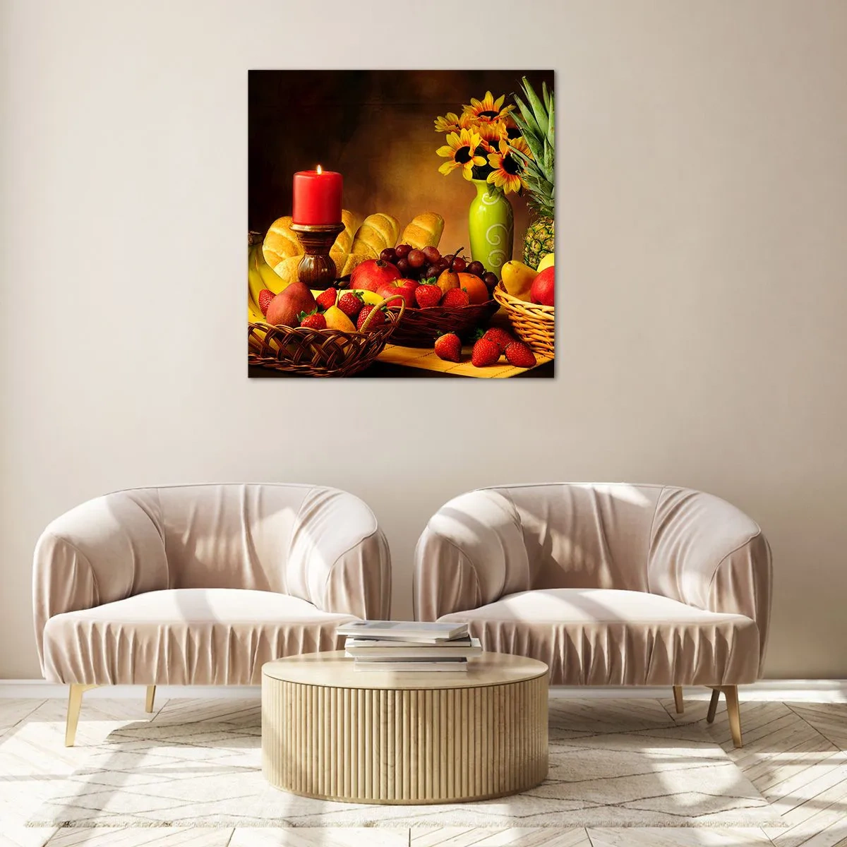 Impression sur verre - Image sur verre - Nature morte de pain et de fruits - 40x40 cm
