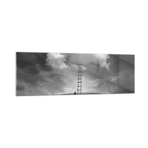 Impression sur verre - Image sur verre - Une personne portant un manteau rouge et une échelle menant à un nuage - 160x50cm - Tout est possible - Décoration murale moderne pour le salon et la chambre ARTTOR