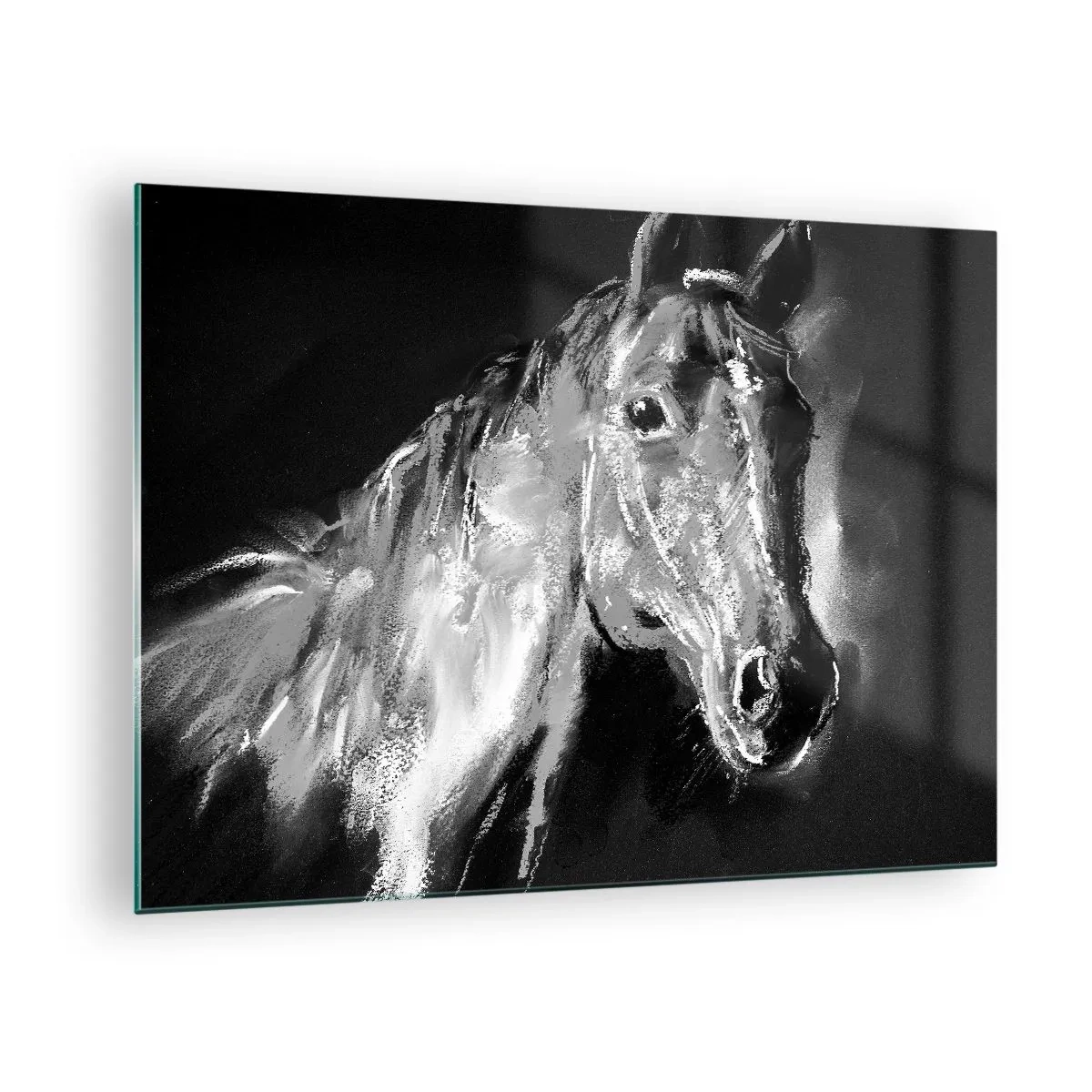 Impression sur verre - Image sur verre - Portrait d'un cheval dans les tons de noir et blanc sur fond sombre - 70x50cm - L'éclat d'une âme noble - Décoration murale moderne pour le salon et la chambre ARTTOR