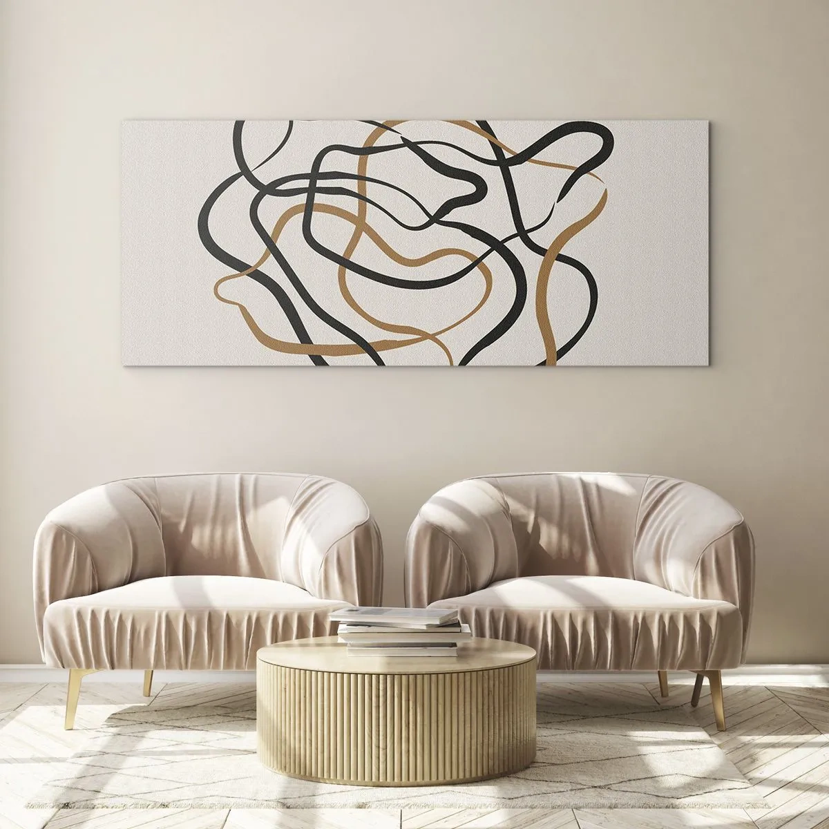 Impression sur verre - Image sur verre - Lignes emmêlées en noir et or sur fond clair - 160x50cm - Tout s'est mal déroulé - Décoration murale moderne pour le salon et la chambre ARTTOR