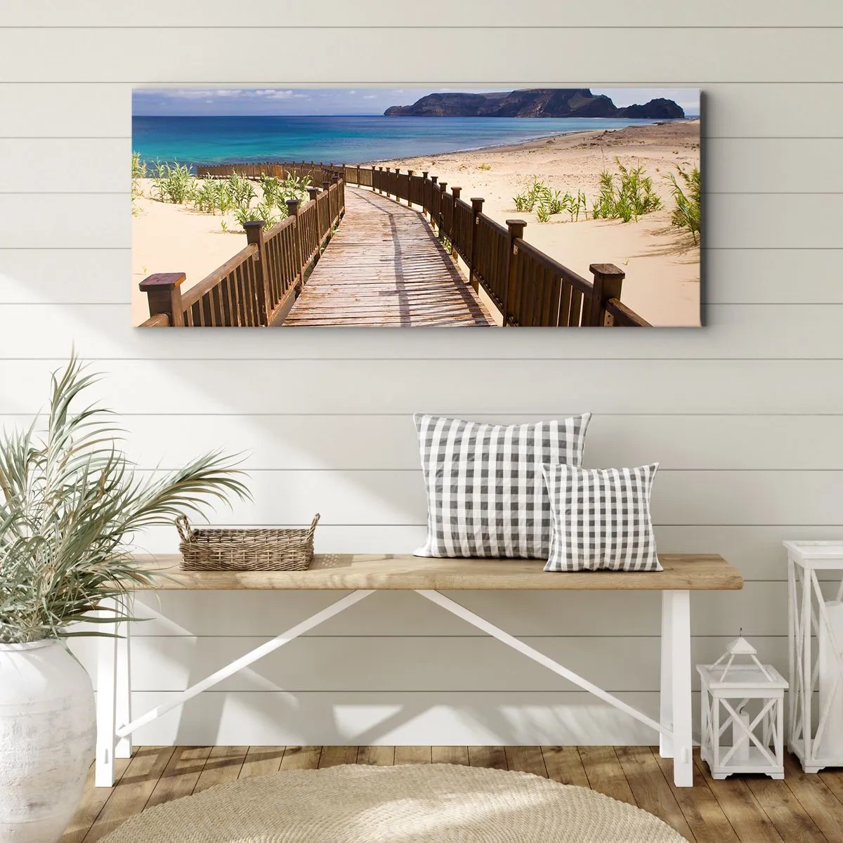Impression sur toile - Image sur toile - Chemin en bois menant à la plage avec vue sur l'océan - 160x50cm - Emmène-moi dans les îles du bonheur - Décoration murale moderne pour le salon et la chambre ARTTOR