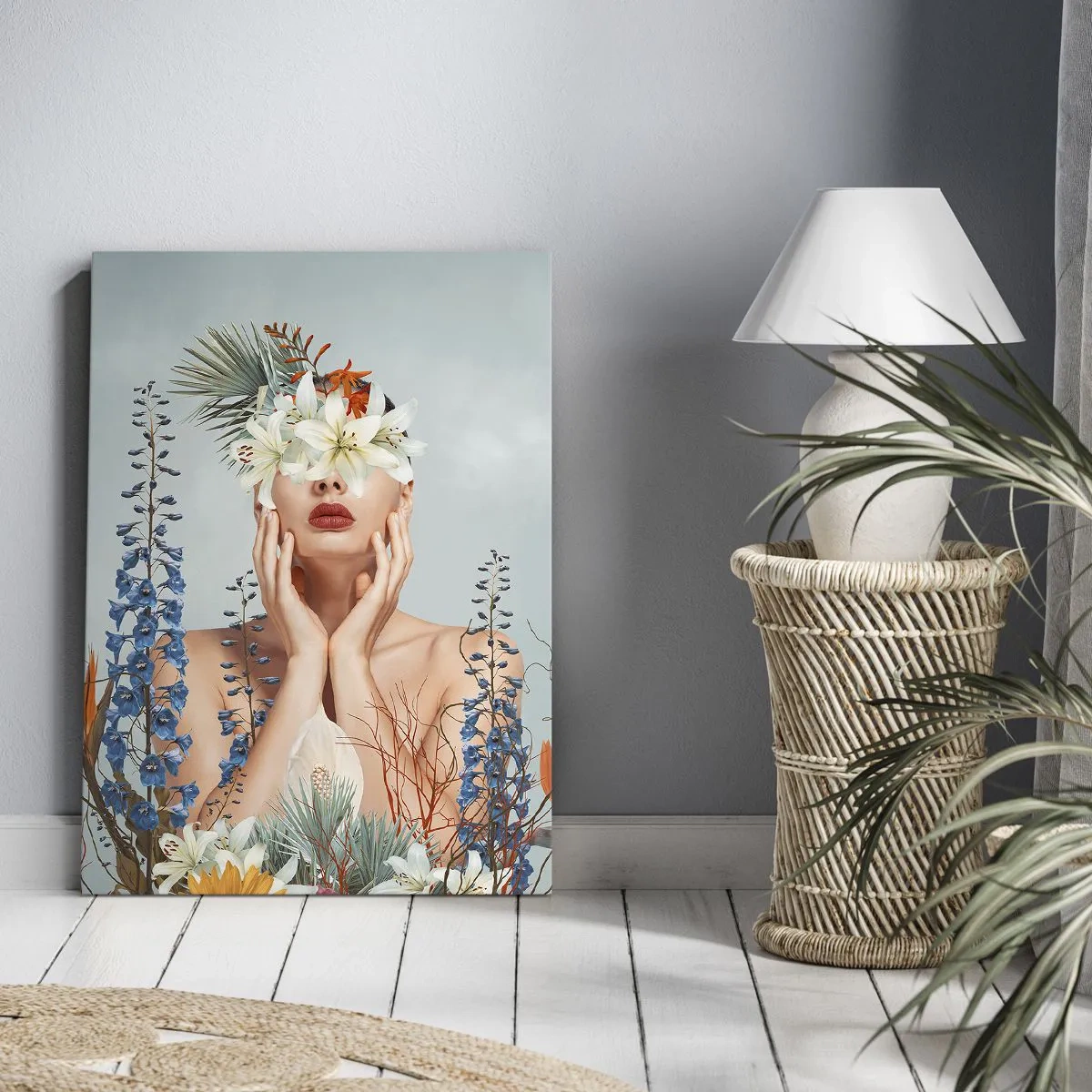 Impression sur toile - Image sur toile - Portrait d'une femme avec un motif floral sur fond bleu - 80x120cm - Femme - fleur - Décoration murale moderne pour le salon et la chambre ARTTOR
