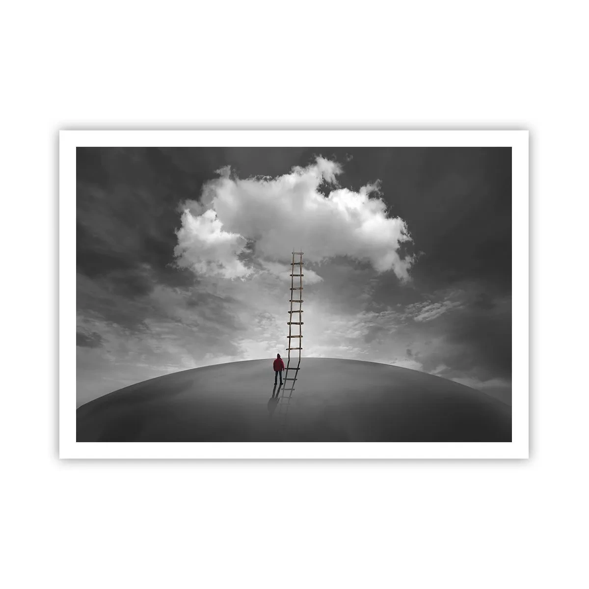 Affiche - Poster - Une personne portant un manteau rouge et une échelle menant à un nuage - 100x70cm - Tout est possible - Décoration murale moderne pour le salon et la chambre ARTTOR