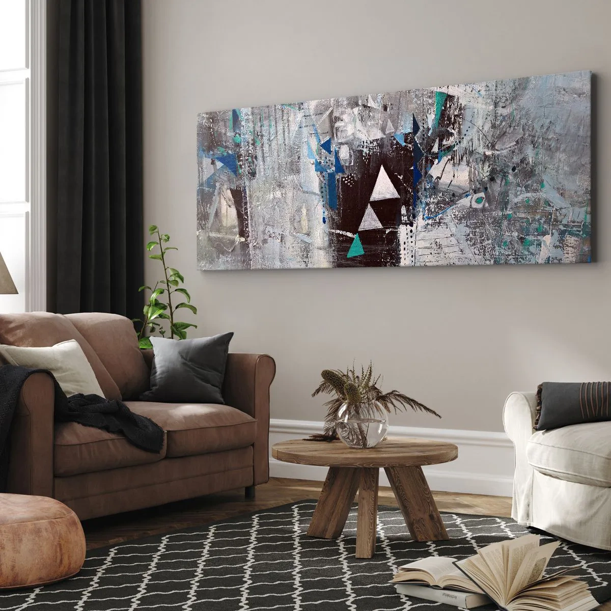 Impression sur toile - Image sur toile - Composition abstraite avec des triangles et des motifs géométriques - 160x50cm - Ordre prioritaire des triangles - Décoration murale moderne pour le salon et la chambre ARTTOR