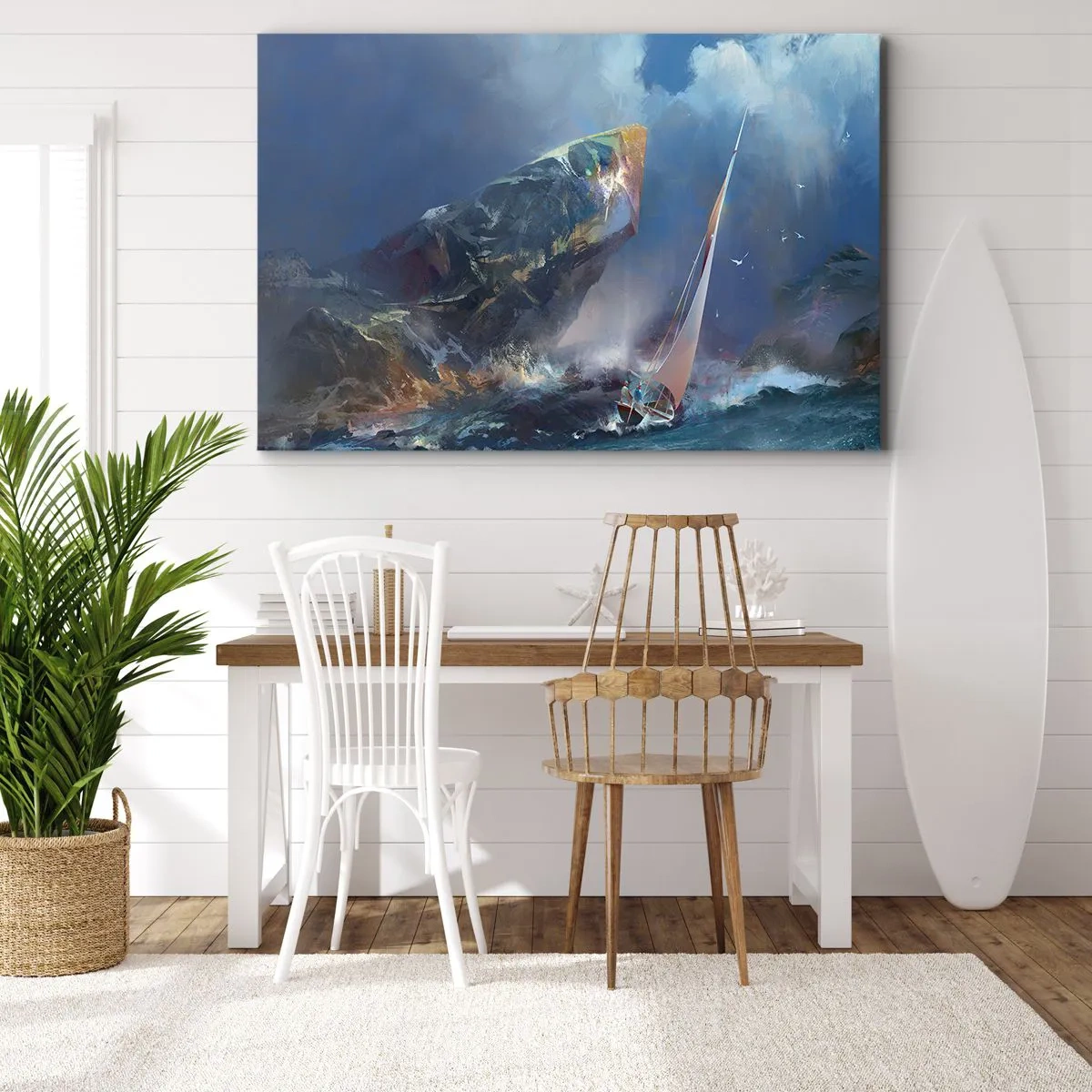 Impression sur toile - Image sur toile - Un voilier dans une tempête au pied d'un rocher massif - 120x80cm - Celui qui est courageux, gagne - Décoration murale moderne pour le salon et la chambre ARTTOR
