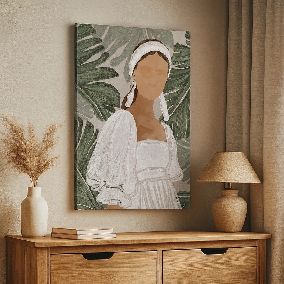 Impression sur toile - Image sur toile - Portrait d'une femme en robe blanche sur fond de feuilles de monstera - 50x70cm - Portrait exotique - Décoration murale moderne pour le salon et la chambre ARTTOR