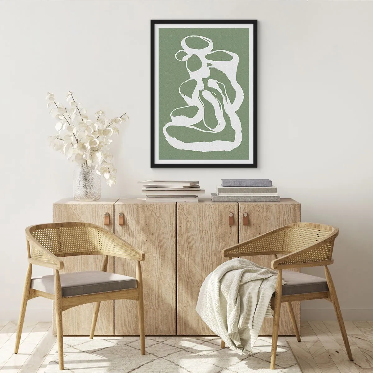 Affiche dans un cadre noir - Poster - Composition abstraite blanche sur fond vert - 50x70cm - L'appel de l'espace - Décoration murale moderne pour le salon et la chambre ARTTOR