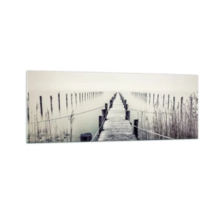 Impression sur verre - Image sur verre - Un pont en bois menant à un espace brumeux - 140x50cm - Plongez dans la paix - Décoration murale moderne pour le salon et la chambre ARTTOR