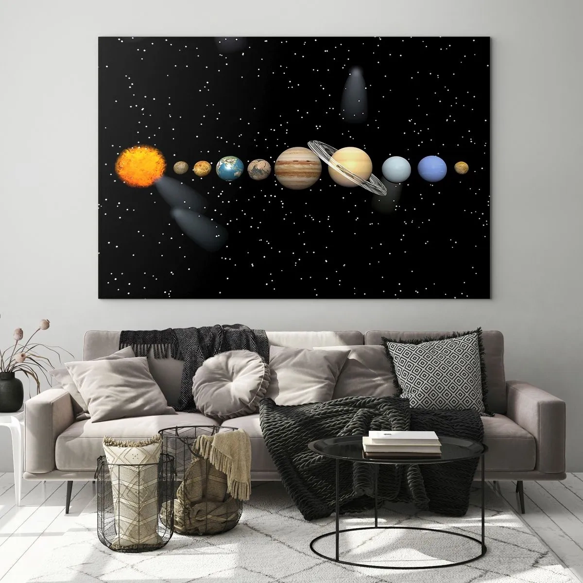 Impression sur verre - Image sur verre - Le système solaire sur fond d'étoiles dans l'espace - 70x50cm - Et les planètes sont folles, sont folles... - Décoration murale moderne pour le salon et la chambre ARTTOR