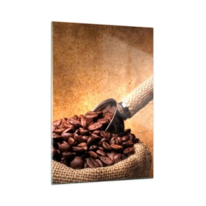 Impression sur verre - Image sur verre - Grains de café dans un sac en jute avec une cuillère en métal - 50x70cm - A la source de la saveur - Décoration murale moderne pour le salon et la chambre ARTTOR
