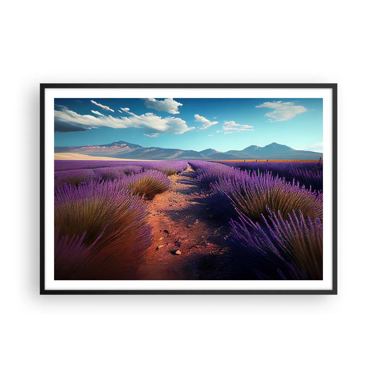 Affiche dans un cadre noir - Poster - Un champ de lavande avec vue sur les montagnes et le ciel bleu - 100x70cm - Champs parfumés - Décoration murale moderne pour le salon et la chambre ARTTOR