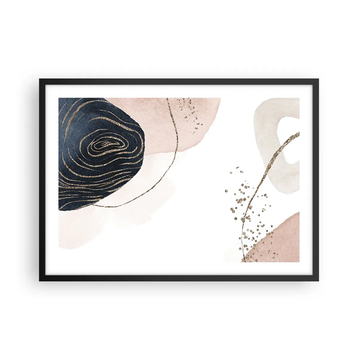 Affiche dans un cadre noir - Poster - Formes abstraites dans des tons beige et bleu marine avec des détails dorés - 70x50cm - Tout coule - Décoration murale moderne pour le salon et la chambre ARTTOR