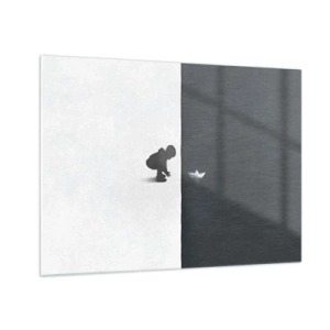 Impression sur verre - Image sur verre - Silhouette d'un enfant lançant un bateau en papier dans l'eau - 70x50cm - Grande expédition - Décoration murale moderne pour le salon et la chambre ARTTOR