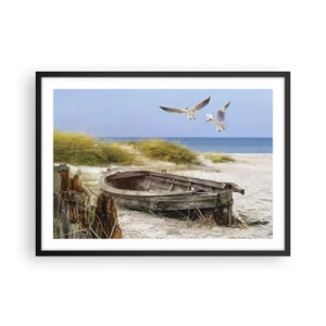 Affiche dans un cadre noir - Poster - Bateau abandonné sur une plage avec des mouettes - 70x50cm - Bain de vent - Décoration murale moderne pour le salon et la chambre ARTTOR