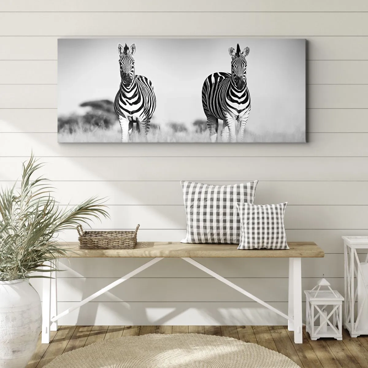 Impression sur toile - Image sur toile - Deux zèbres dans la savane dans un style monochrome - 120x50cm - Le monde est bel et bien noir et blanc - Décoration murale moderne pour le salon et la chambre ARTTOR