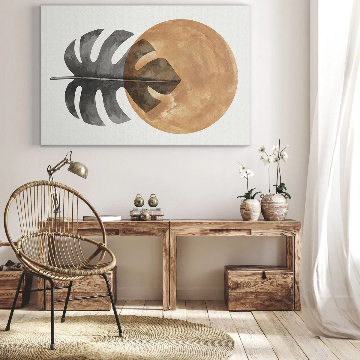 Impression sur toile - Image sur toile - Feuille de Monstera et cercle doré sur fond clair - 70x50cm - Toujours le soleil - Décoration murale moderne pour le salon et la chambre ARTTOR