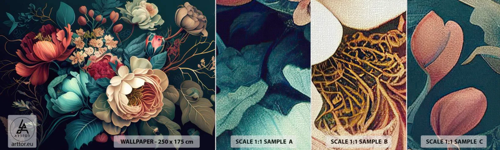 Échantillon de Papier Peint Premium Canvas - le charme du 19ème siècle - Fleurs, Shabby-chic, Classique - 100x30 cm