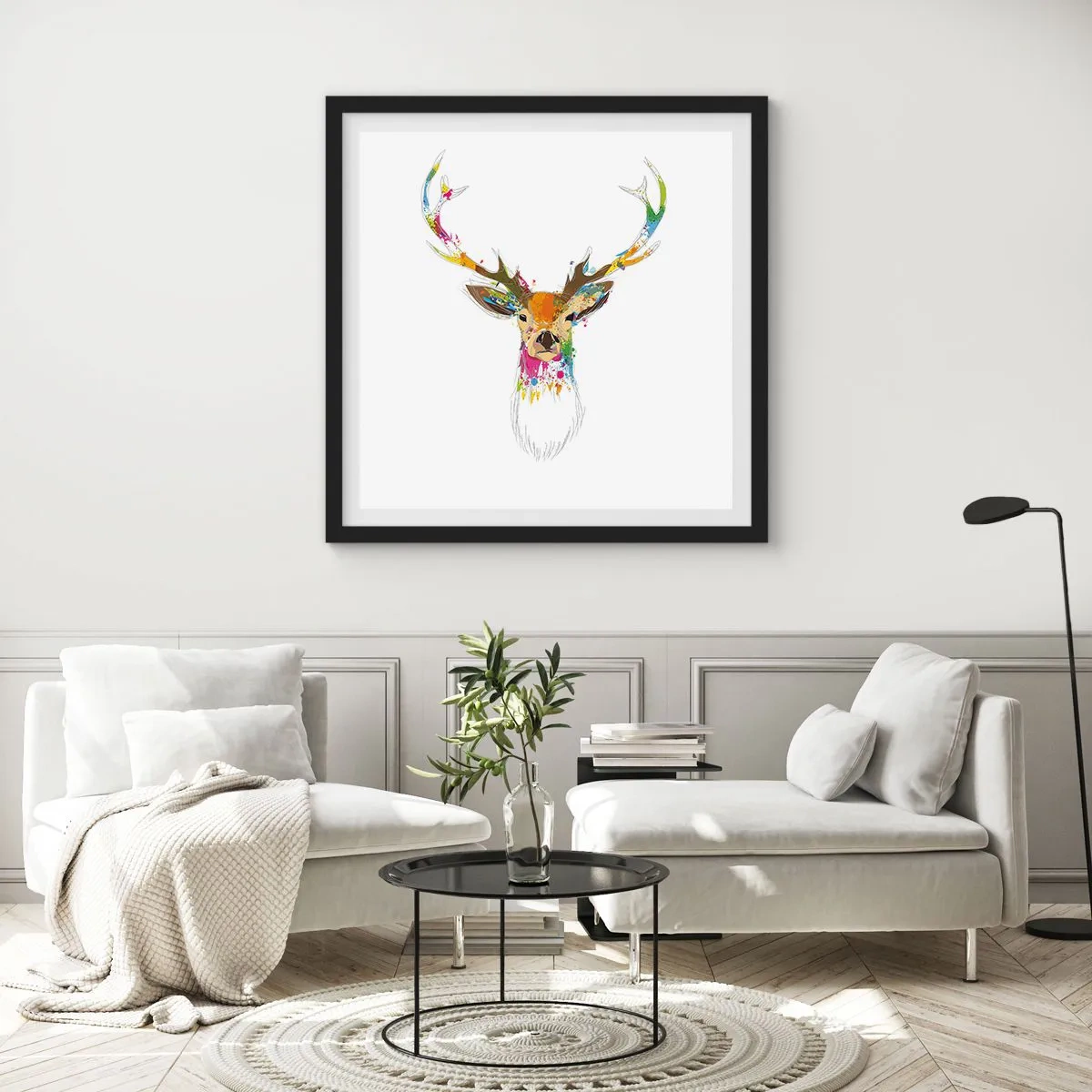 Affiche dans un cadre noir - Poster - Un cerf doux baigné de couleur - 30x30 cm