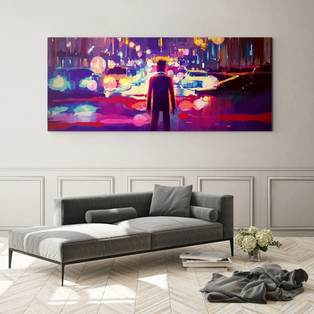 Impression sur verre - Image sur verre - Un homme dans une scène nocturne de ville au néon - 120x50cm - Immergé dans la lumière - Décoration murale moderne pour le salon et la chambre ARTTOR