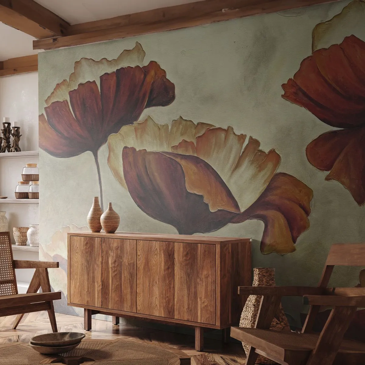 Papier Peint Photo Premium Sand - Fleurs de pavot picturales dans des tons chauds de brun - 100x70cm - À la lisière des champs - Décoration murale moderne pour le salon et la chambre ARTTOR