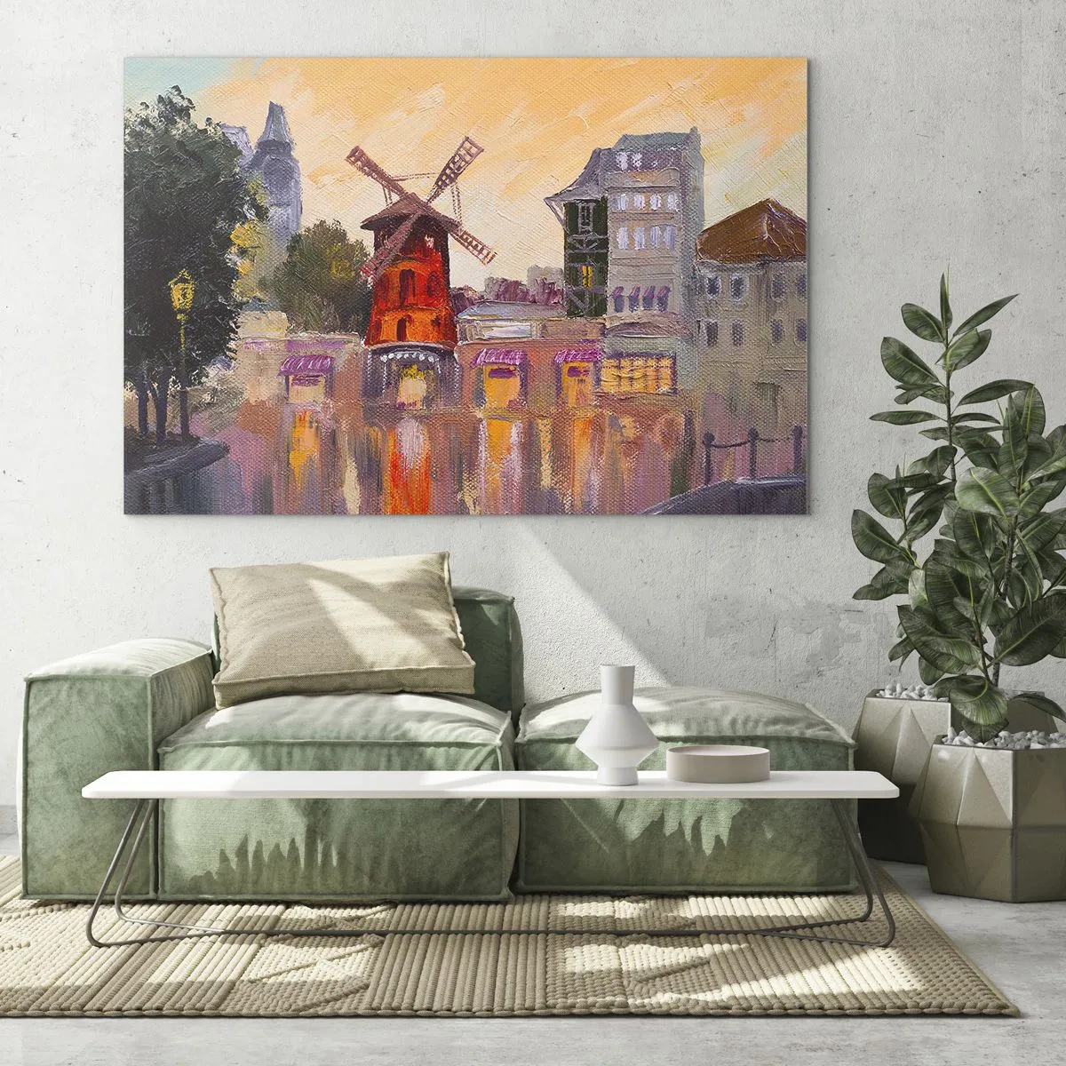 Impression sur verre - Image sur verre - Le moulin à vent rouge du Moulin Rouge parmi les immeubles parisiens - 70x50cm - Icones parisiennes – le Moulin rouge - Décoration murale moderne pour le salon et la chambre ARTTOR