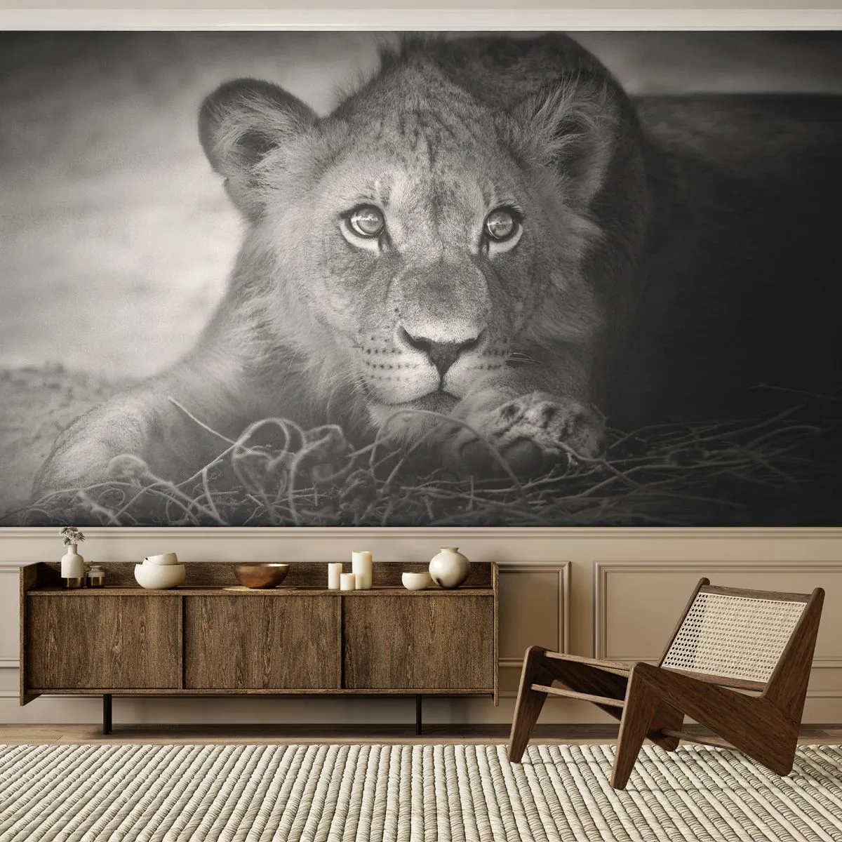 Papier Peint Photo Premium Sand - Chiot royal - Animaux, Lion, Noir et blanc - 350x256 cm