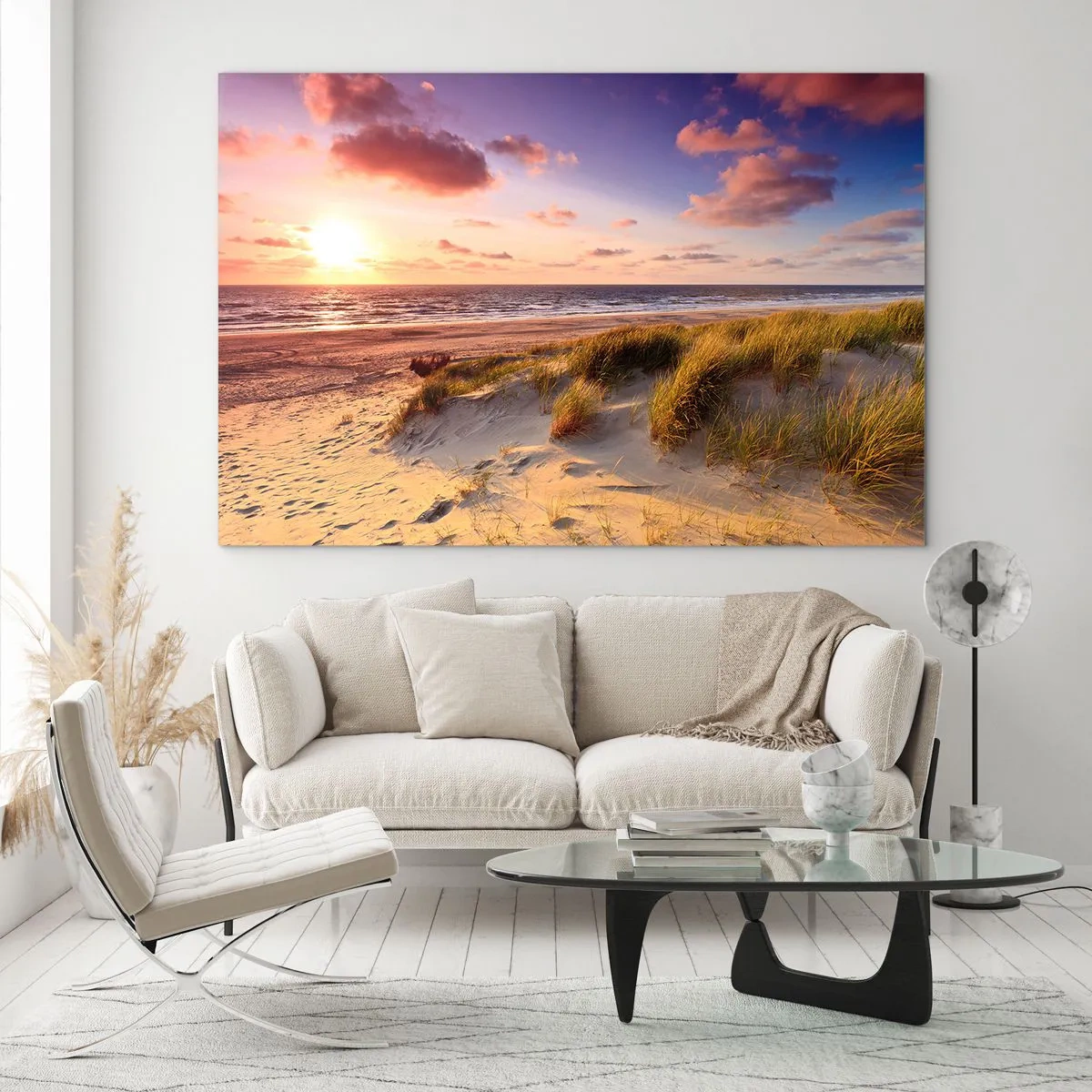 Impression sur verre - Image sur verre - Plage avec dunes au coucher du soleil - 70x50cm - L'air sent déjà l'été - Décoration murale moderne pour le salon et la chambre ARTTOR