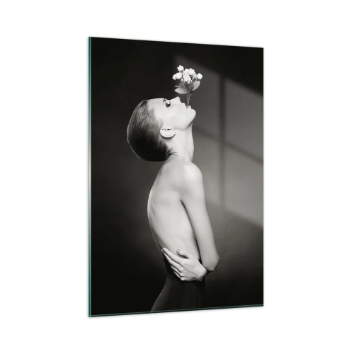 Impression sur verre - Image sur verre - Une femme avec une fleur dans la bouche dans un portrait en noir et blanc - 50x70cm - Elégance excentrique - Décoration murale moderne pour le salon et la chambre ARTTOR