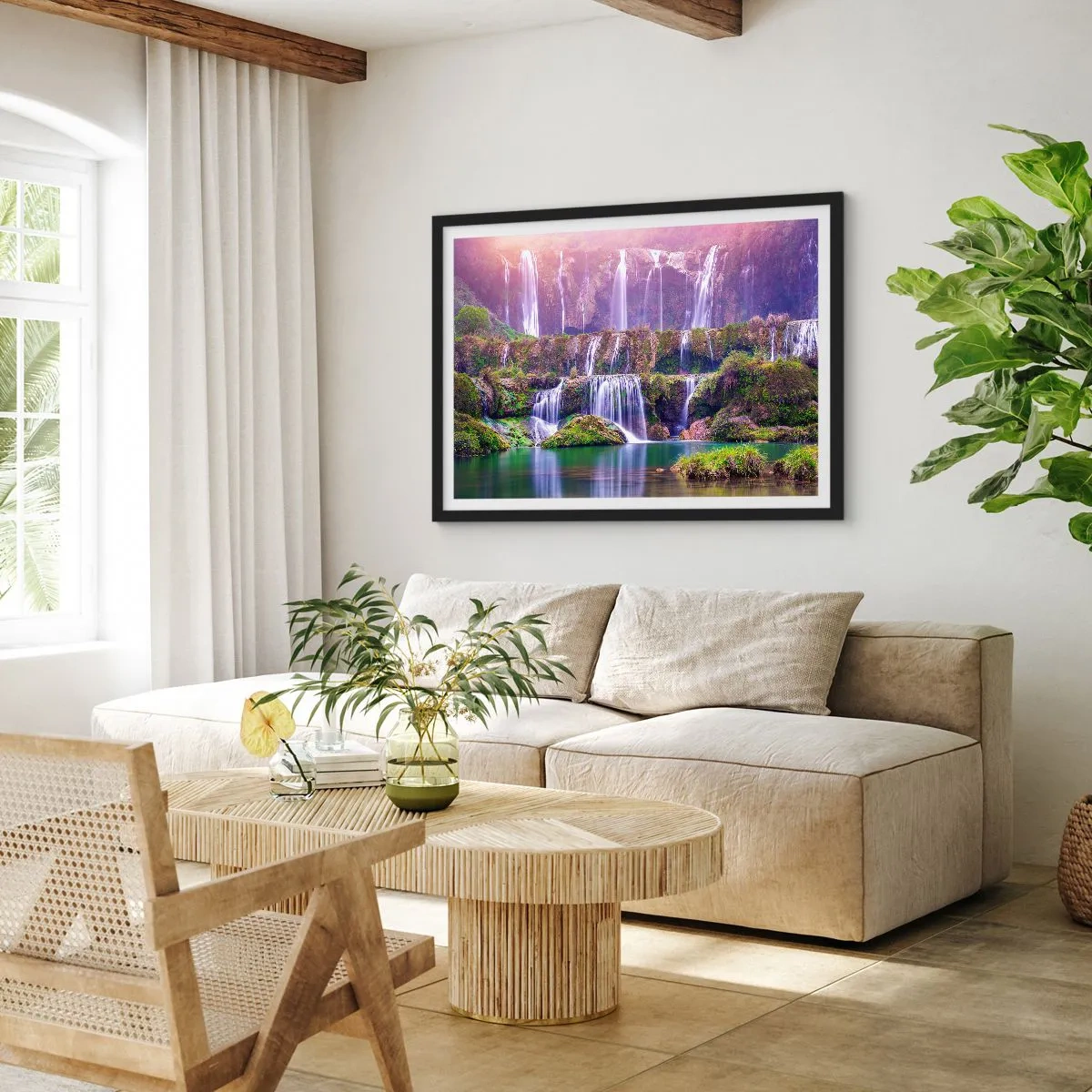 Affiche dans un cadre noir - Poster - Cascades entourées de verdure avec un éclairage pastel - 70x50cm - Escalier vers le ciel - Décoration murale moderne pour le salon et la chambre ARTTOR