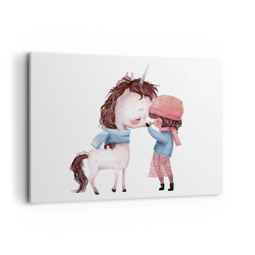 Impression sur toile - Image sur toile - Une fille et une licorne dans un paysage hivernal - 100x70cm - Histoire d'hiver - Décoration murale moderne pour le salon et la chambre ARTTOR