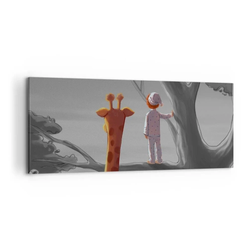 Impression sur toile - Image sur toile - Un enfant et une girafe sur une branche d'arbre dans un paysage de conte de fées - 120x50cm - Cela arrive vraiment - Décoration murale moderne pour le salon et la chambre ARTTOR