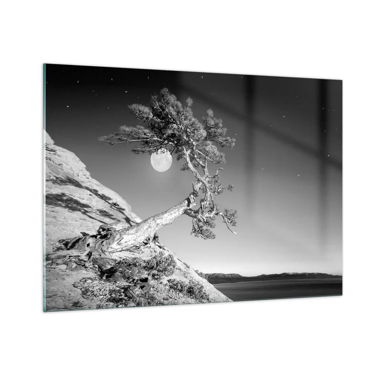 Impression sur verre - Image sur verre - Un arbre penché sur une colline avec la lune en arrière-plan - 100x70cm - Un combattant vainqueur - Décoration murale moderne pour le salon et la chambre ARTTOR