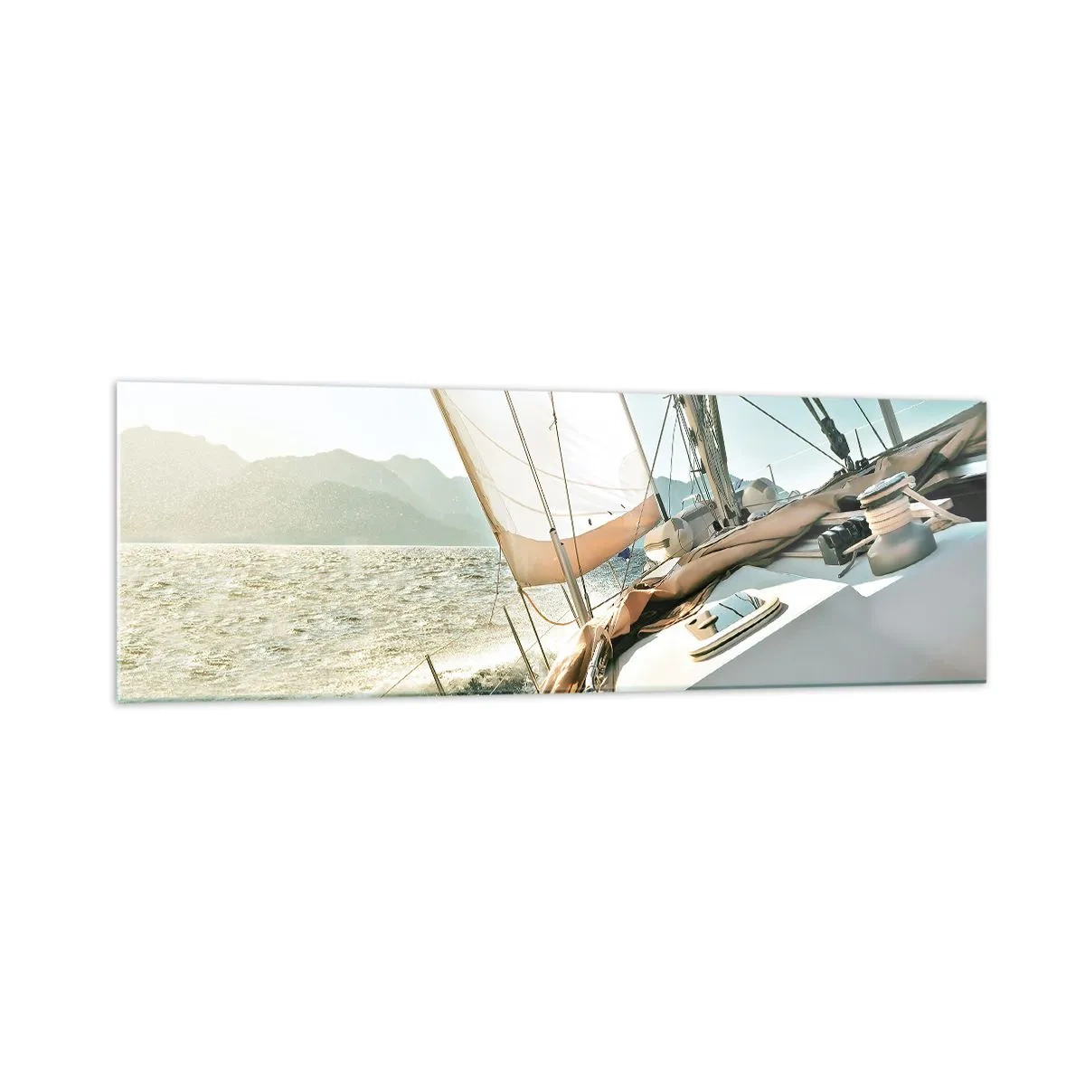 Impression sur verre - Image sur verre - Un yacht en pleine mer avec vue sur les montagnes - 160x50cm - Toutes voiles dehors - Décoration murale moderne pour le salon et la chambre ARTTOR