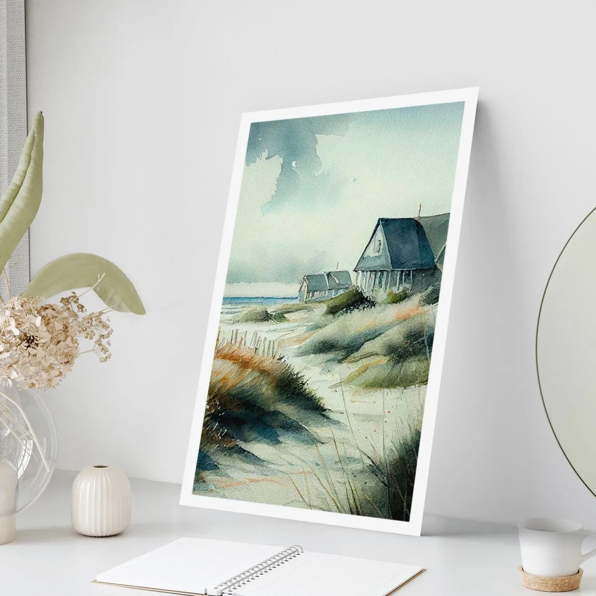Affiche - Poster - Maison de plage aquarelle avec vue sur la mer - 50x70cm - Loin de l'agitation - Décoration murale moderne pour le salon et la chambre ARTTOR