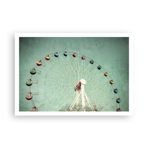 Affiche - Poster - Une grande roue colorée contre un ciel bleu dans un style rétro - 100x70cm - Nous vous invitons à vous amuser - Décoration murale moderne pour le salon et la chambre ARTTOR