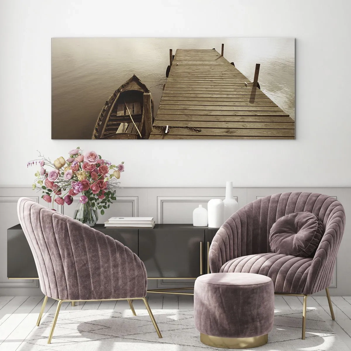 Impression sur verre - Image sur verre - Jetée en bois et bateau sur un lac calme - 120x50cm - Le grand silence - Décoration murale moderne pour le salon et la chambre ARTTOR