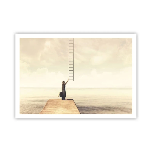 Affiche - Poster - Une femme debout sur une jetée avec une échelle menant au ciel - 100x70cm - Voyage magique - Décoration murale moderne pour le salon et la chambre ARTTOR