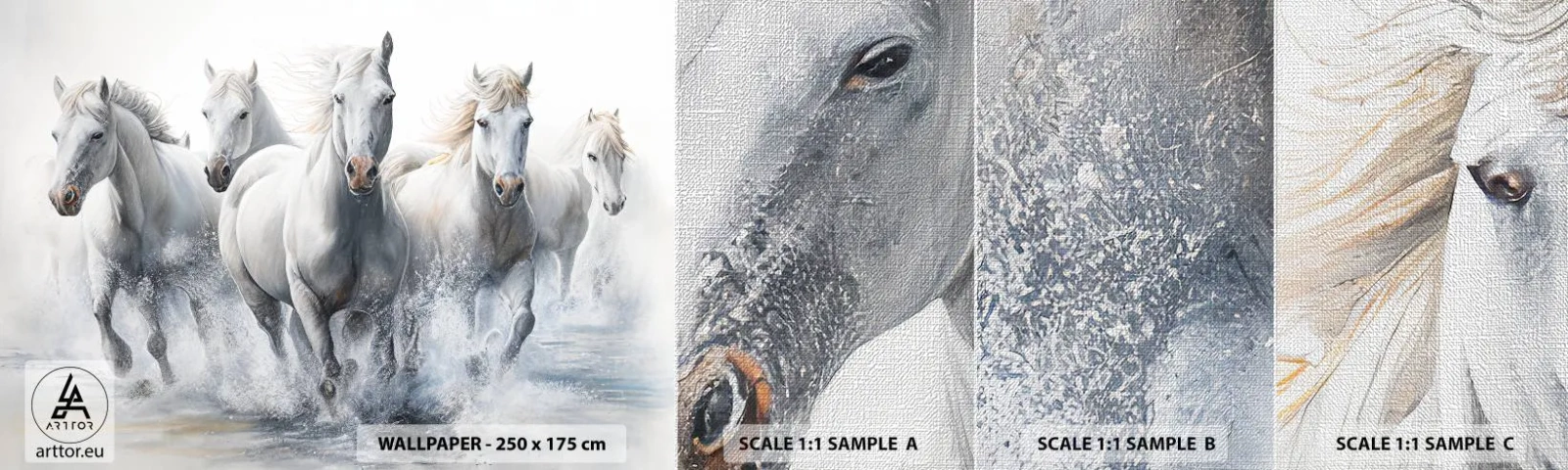 Échantillon de Papier Peint Premium Canvas - Magie blanche - Les chevaux, Animaux, Aquarelle - 100x30 cm