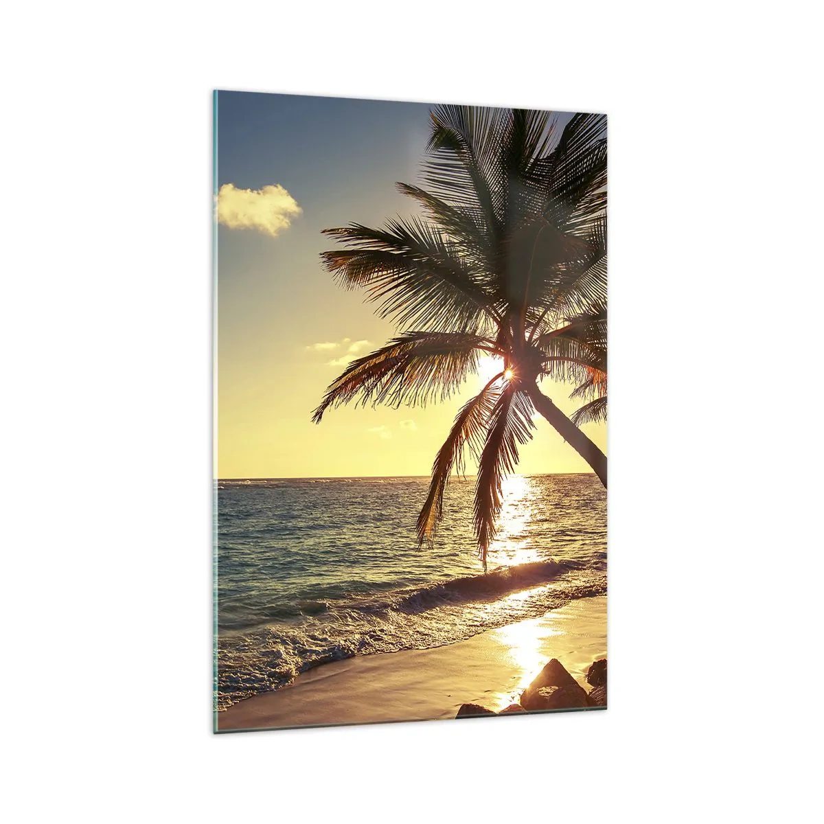 Impression sur verre - Image sur verre - Coucher de soleil tropical sur une plage avec des palmiers - 70x100cm - L'été sous les palmiers - Décoration murale moderne pour le salon et la chambre ARTTOR
