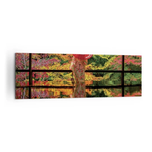 Impression sur toile - Image sur toile - Une femme en kimono avec un parapluie sur fond de paysage d'automne. - 160x50cm - Dans le temple de la nature - Décoration murale moderne pour le salon et la chambre ARTTOR
