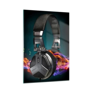 Impression sur verre - Image sur verre - Casque DJ avec ondes sonores colorées et notes de musique - 50x70cm - Dans le feu de la musique - Décoration murale moderne pour le salon et la chambre ARTTOR