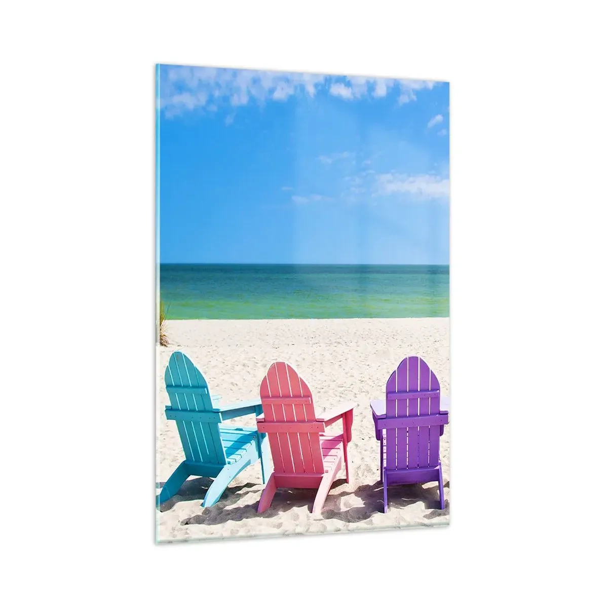 Impression sur verre - Image sur verre - Chaises longues colorées sur la plage avec vue sur la mer - 80x120cm - Plage arc-en-ciel - Décoration murale moderne pour le salon et la chambre ARTTOR