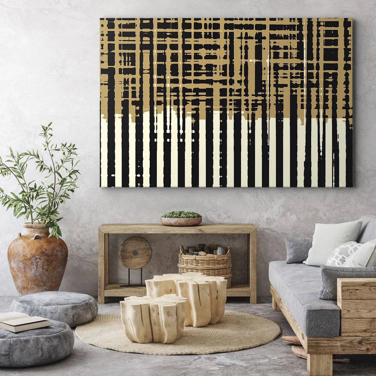 Impression sur toile - Image sur toile - Lignes abstraites en noir, beige et blanc - 70x50cm - Abstraction architecturale - Décoration murale moderne pour le salon et la chambre ARTTOR