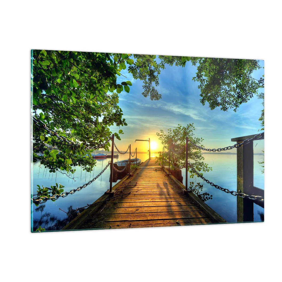 Impression sur verre - Image sur verre - Une jetée surplombant le coucher de soleil sur le lac - 120x80cm - L'ouest au-dessus de l'eau - Décoration murale moderne pour le salon et la chambre ARTTOR